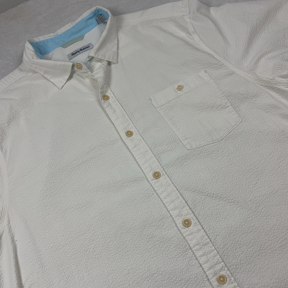 Tommy Bahama Button Up Shirt Men XL White Short Sleeve Cotton Relaxed Textured